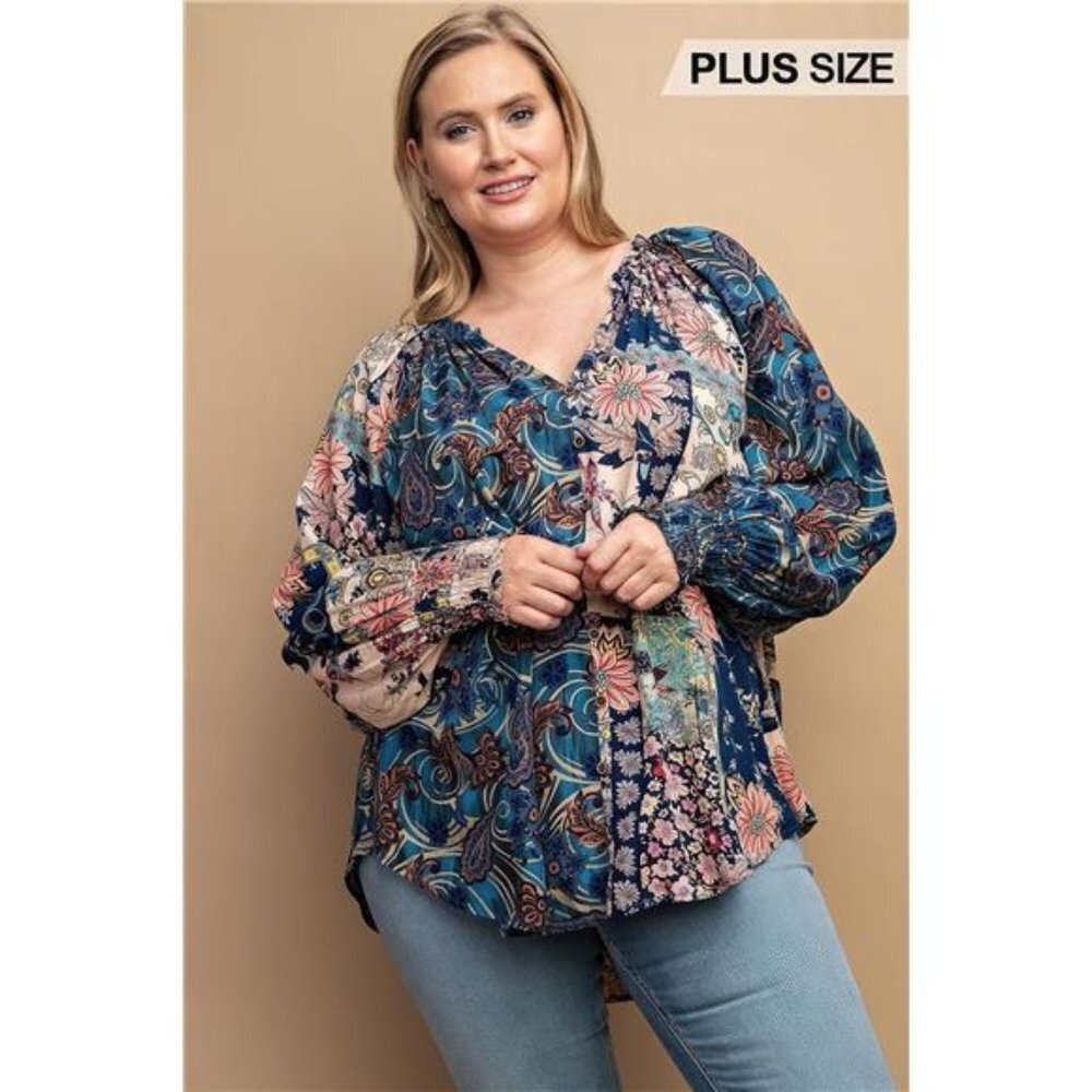 Mixed Print Front Button Long Sleeve Top For Women- Plus Sizes